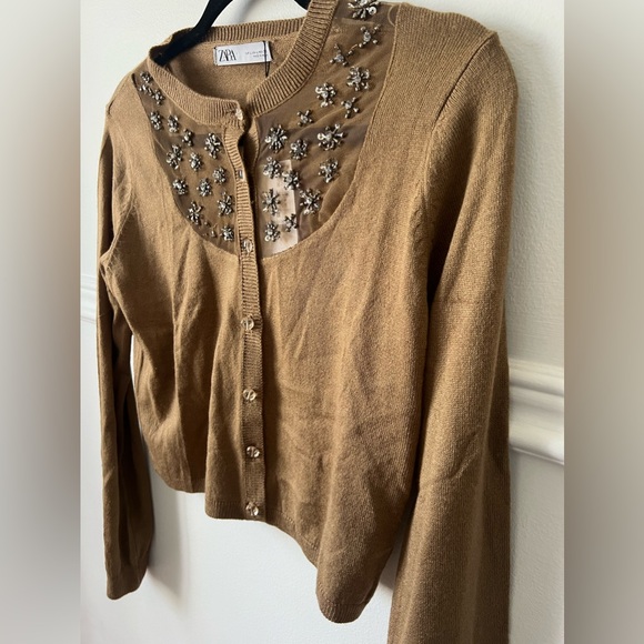 NEW with tags Zara cardigan tan brown button up rhinestone diamond floral - Picture 5 of 7
